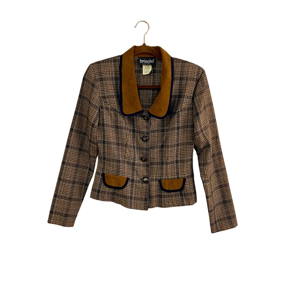 Vintage Brioche California Plaid Jacket‎ Blazer Suede Trim Sz 9/10 Dark Academia